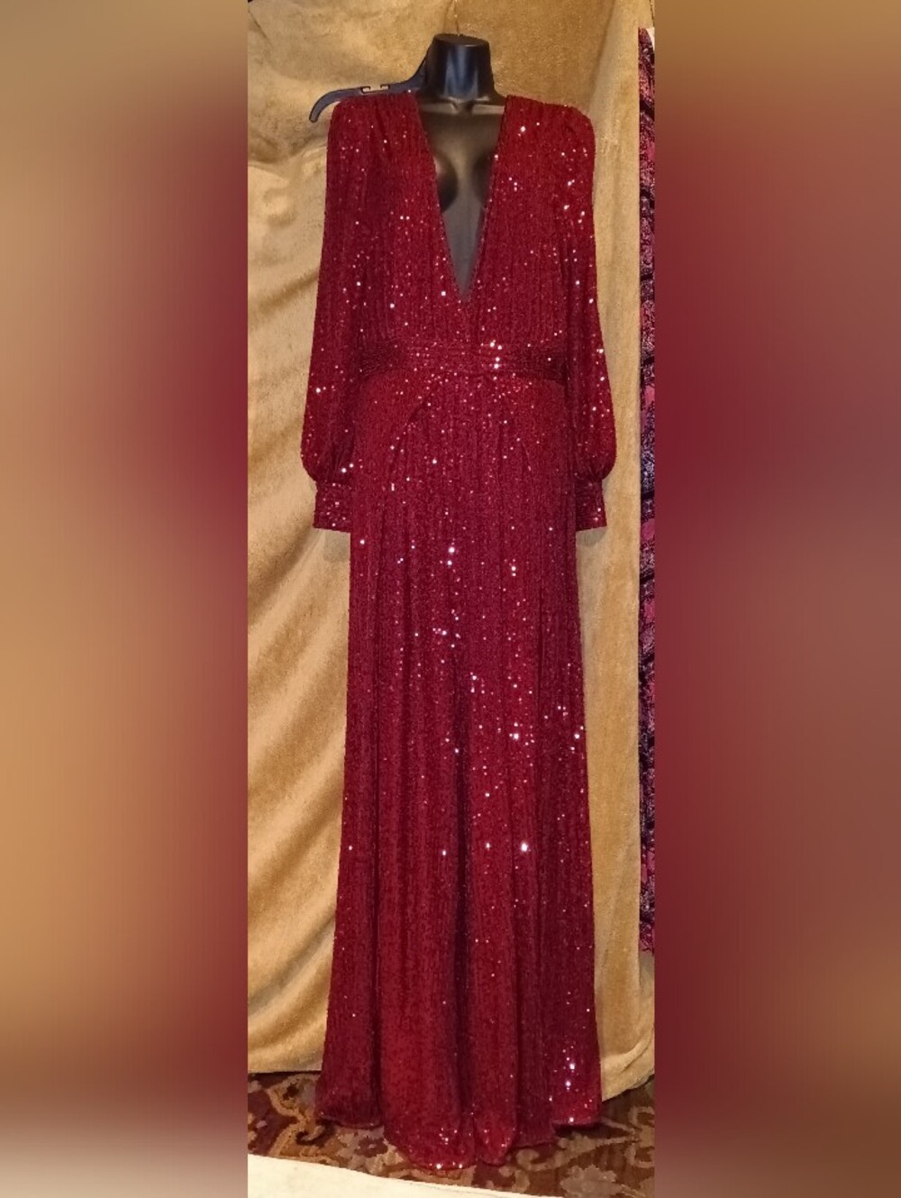 Elegant Maxi Jumpsuit Red Sequin Deep V Long Sleeve Slit Legs Fashion Nova